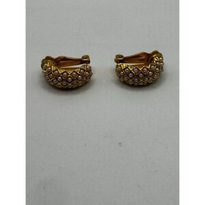 Vintage Graziano Faux Pearl 1/2Hoop Huggie Clip on Earrings GoldTone .75"